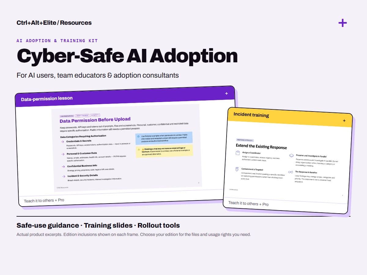 Cyber-Safe AI Adoption: framed previews of actual product materials; edition inclusions are labeled.