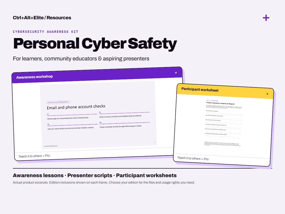 Personal Cyber Safety: framed previews of actual product materials; edition inclusions are labeled.