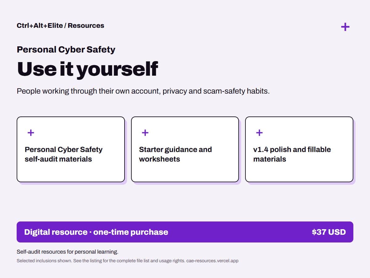 Personal Cyber Safety — Use it yourself: intended buyer, selected inclusions and $37 price.